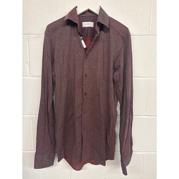 New ETON Men’s Sz 37 Slim 14 1/2 Red Marled Wrinkle Free Flannel Shirt Burgundy - Picture 3 of 5